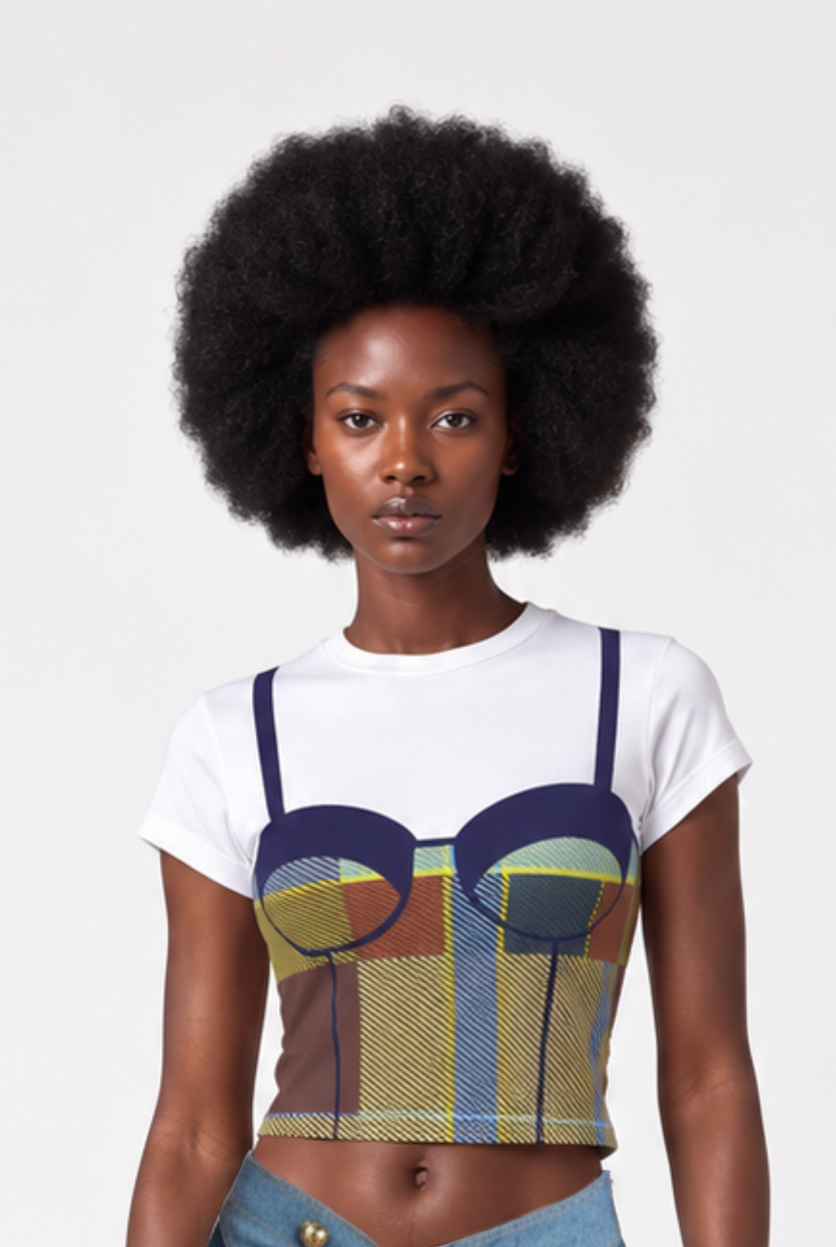 Bohn Jsell Illusion Corset Tee front view on model, white cropped T-shirt with colorful plaid corset graphic