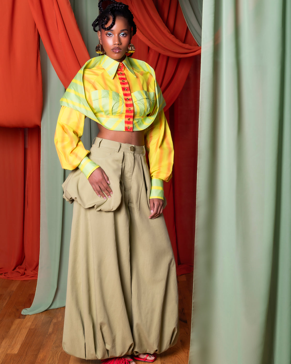 Model wearing the Plume Chino and La’Donna Cropped Shirt in Bohn Jsell’s State of Paradise editorial.