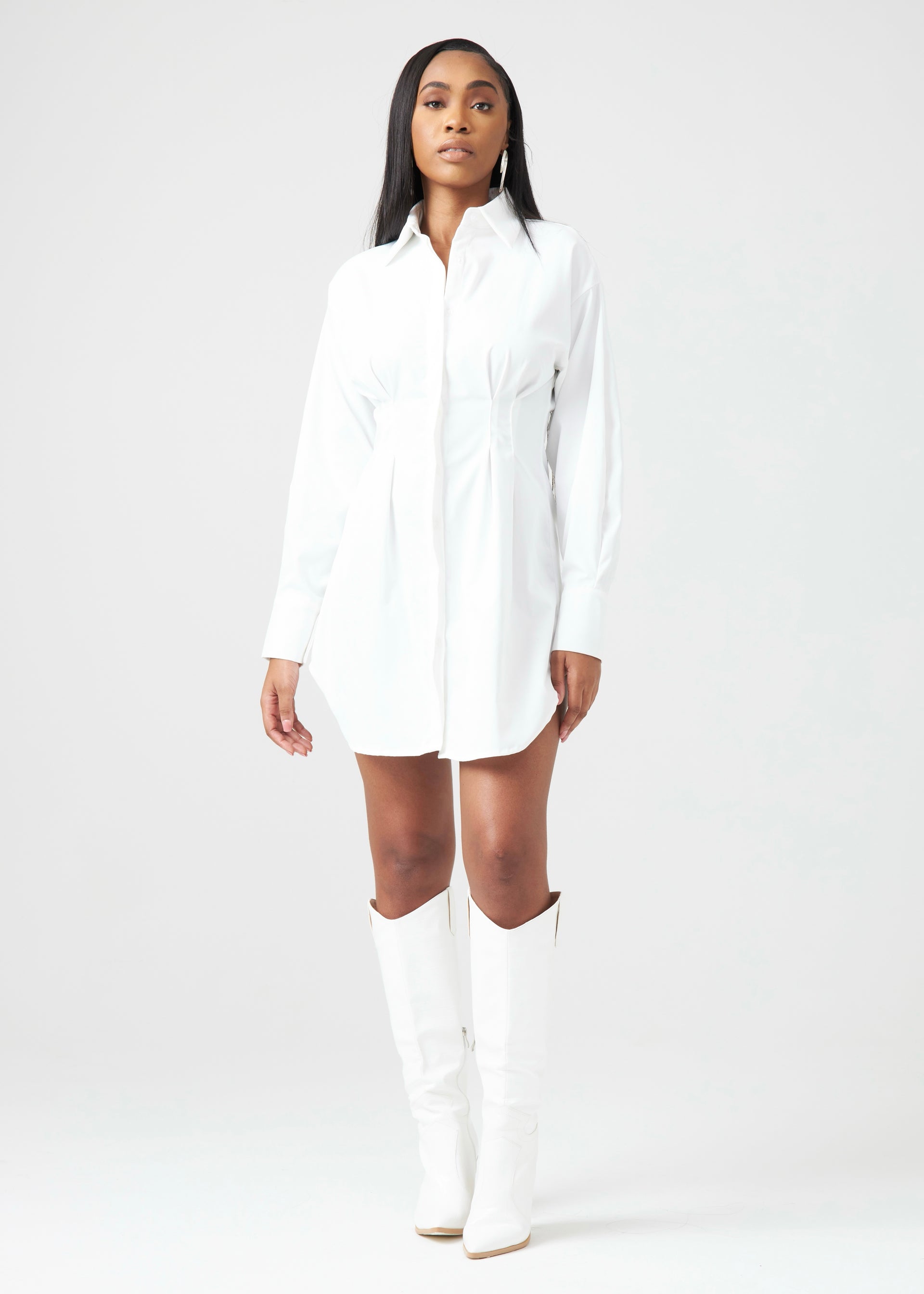 shirt dress white Cinched Waist Shirt Dress – Bohn Jsell
