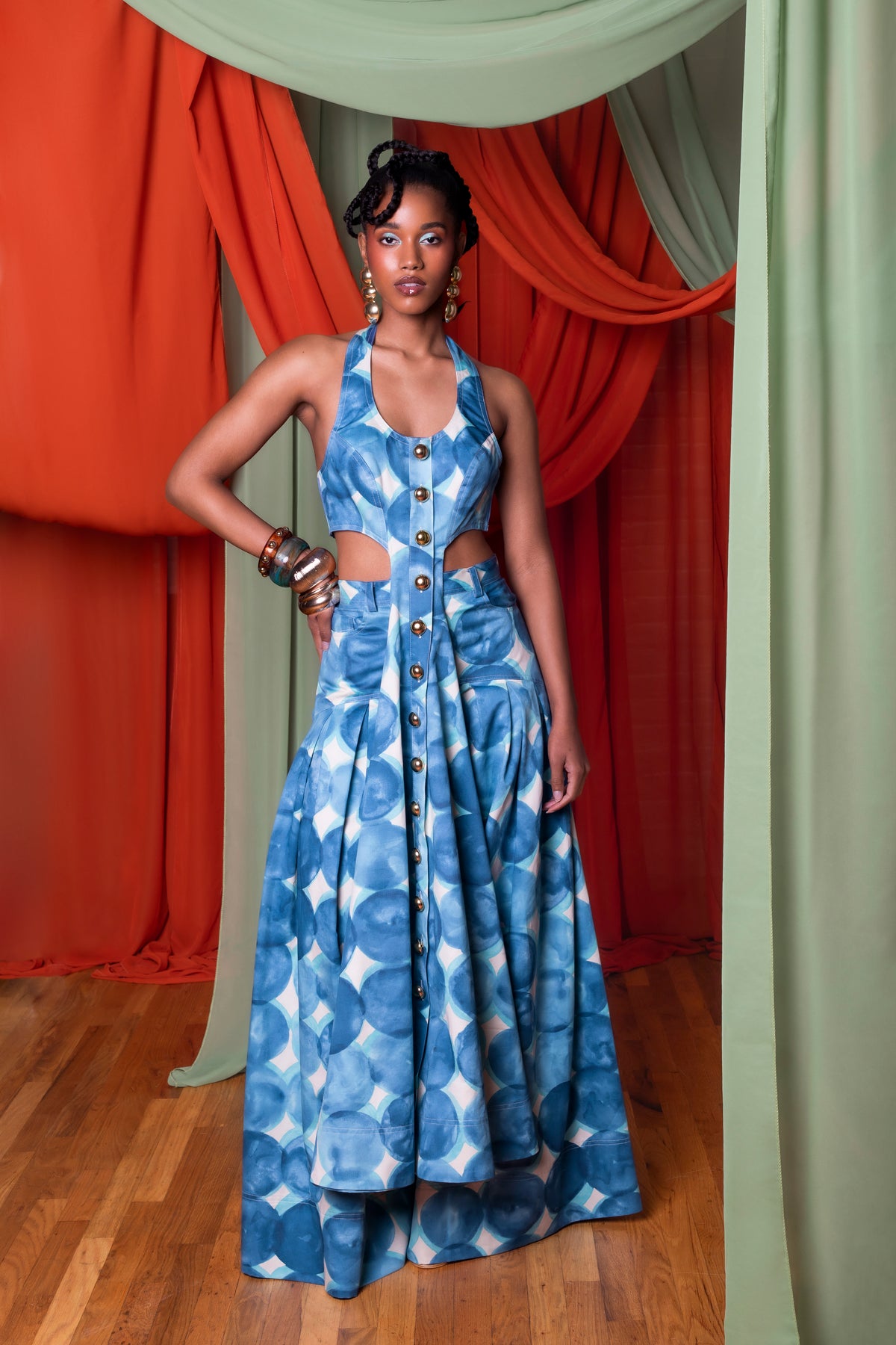 Model wearing the blue Palerma Halter Vest and Paloma Pant in Bohn Jsell’s State of Paradise editorial.