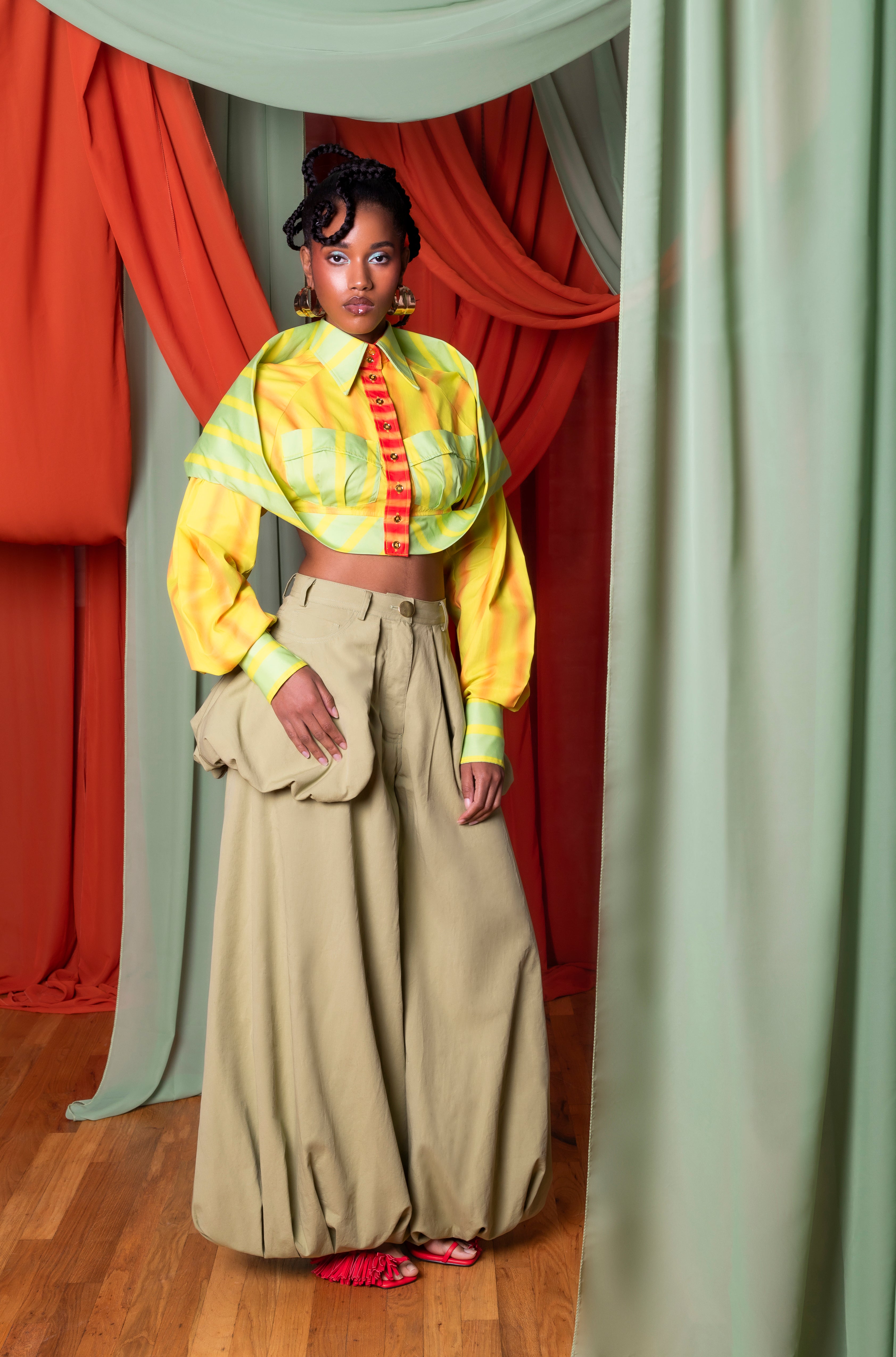 Model wearing the Plume Chino and La’Donna Cropped Shirt in Bohn Jsell’s State of Paradise editorial.